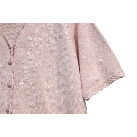 Vintage Cardigan Sweater Size L. Pink Embroidered Beaded Floral Knit - Picture 4 of 13